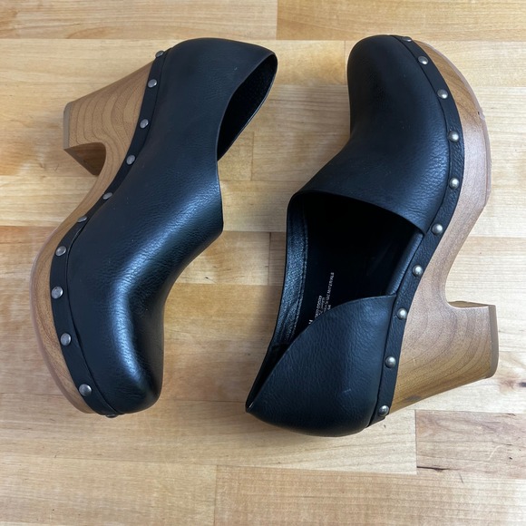 Korks Arielle Kork Ease Black Leather Wood Heel Clogs D'Orsay Shoes Size 9 - Picture 7 of 10